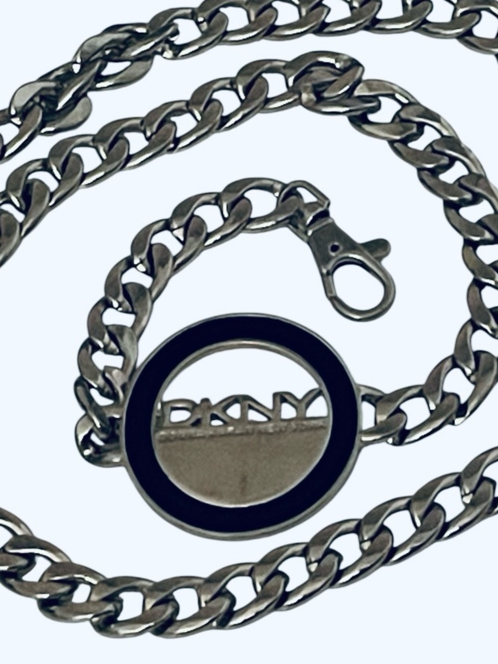 DKNY Belt Donna Karan New York Silver tone Chain Black Enamel Logo Medallion Y2K